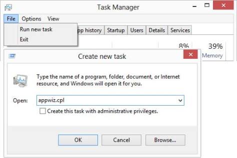 Windows 8.1 Task Manager Run appwiz