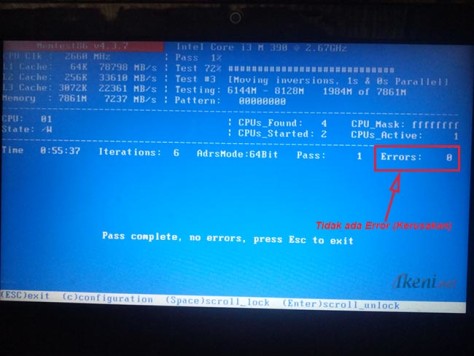 Contoh gambar: MemTest tidak menemukan kerusakan pada RAM